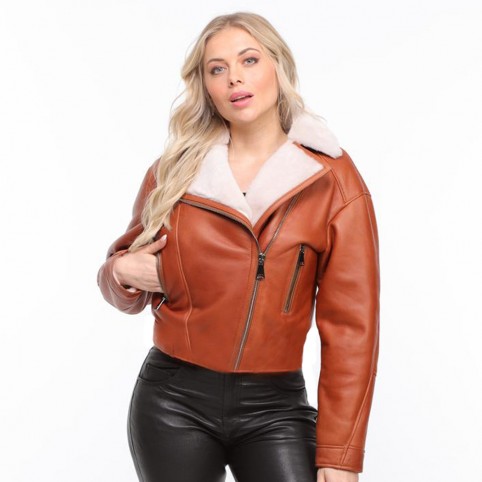 Perfecto Oversize Agneau Lainé Satiné Cognac - GALINA